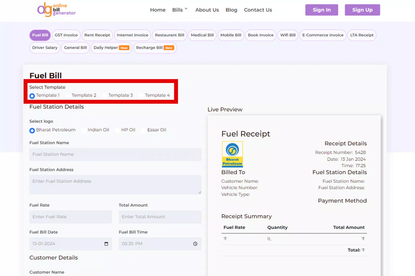 Select "Fuel Bill" Template