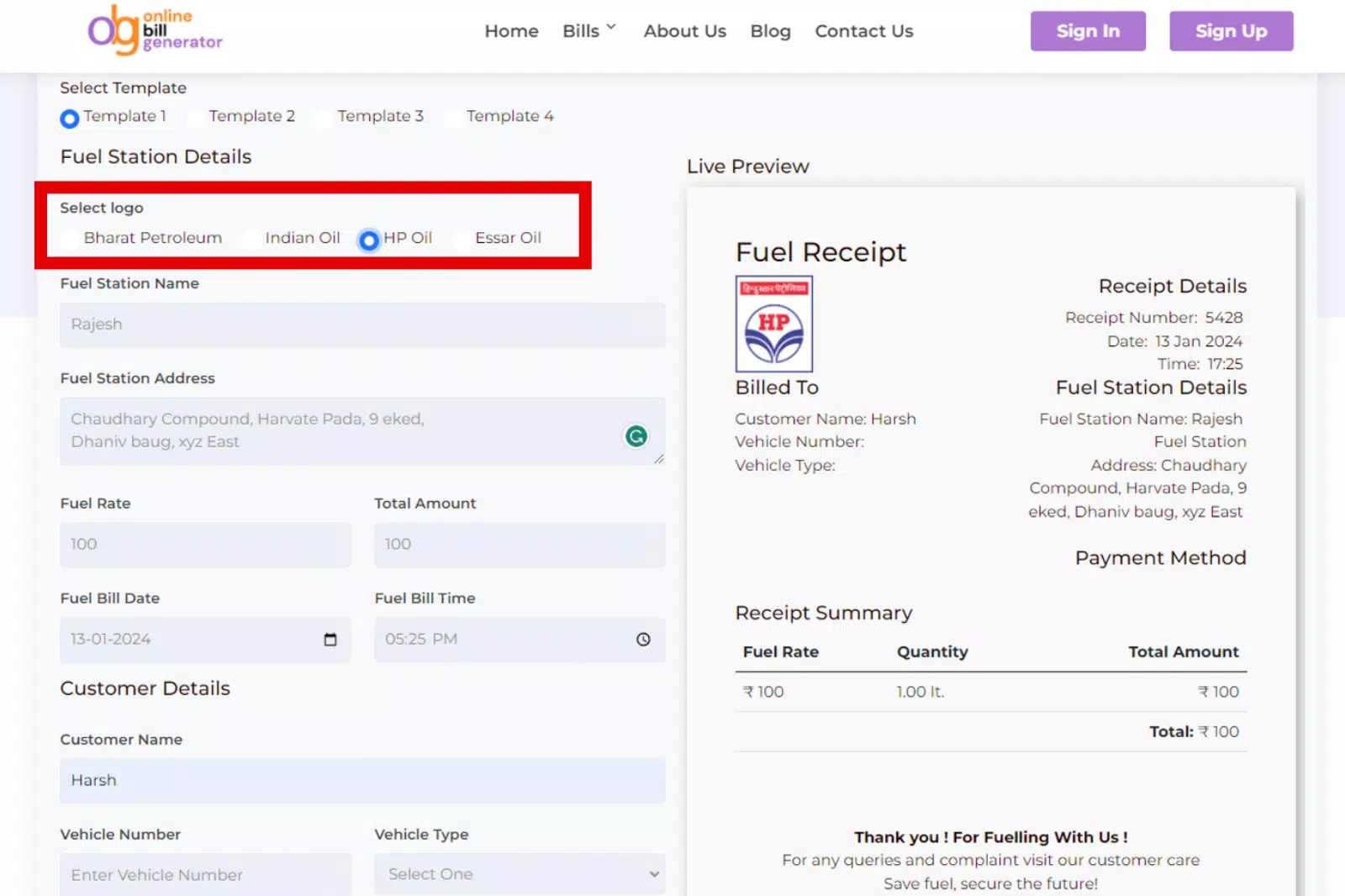 Fill in Fuel Station Details