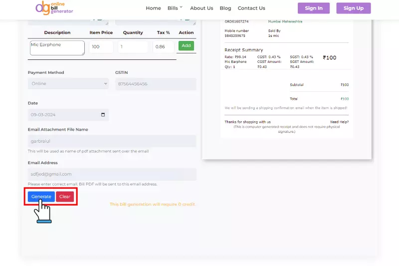 Click on Generate to Download the bill in PDF format