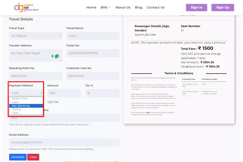 Select Payment Mode and Tax